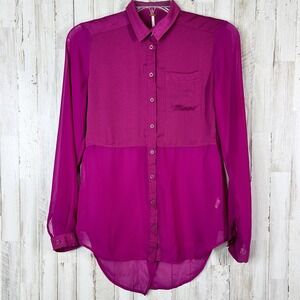 Free People Best Of Both Worlds Sheer‎ Tunic XS Fuscia Blouse Button Front FLAW